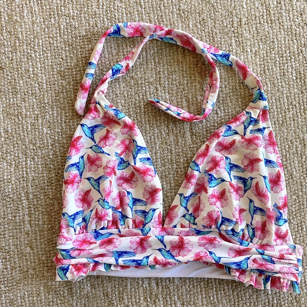 Cupshe size small pink floral and blue bird print plunge halter swim top
